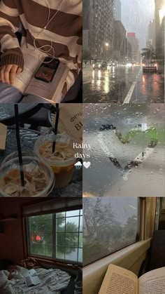 the collage shows several different views of city life in the rain and cold weather