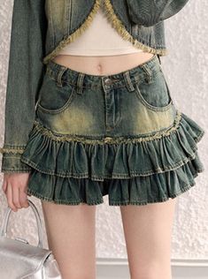 ❤︎retro-oshFrench denim jacket + ruffle denim skirt❤︎ Denim Ruffled Skirt, Ruffle Skirt Denim, Ruffle Denim Skirt, Ruffled Denim Skirt, Fitted Ruffled Denim Mini Skirt, Blue Ruffled Denim Skirt, Frilly Denim Skirt, Rock Jeans, Frilly Skirt