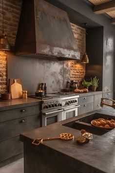 a kitchen with an oven, stove and counter top in it's center island