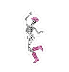 a drawing of a skeleton dancing with pink shoes and a hat on it's head