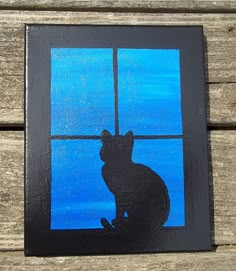 a painting of a cat sitting on a window sill looking out at the sky