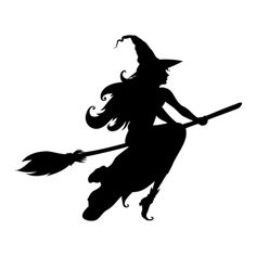 a black and white silhouette of a witch flying on a broom with her hair blowing in the wind