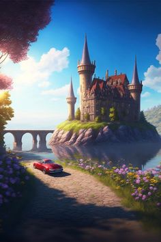 a red car parked in front of a castle on top of a hill next to a body of water