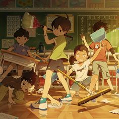 a group of children in a classroom with brooms and paper on the floor,