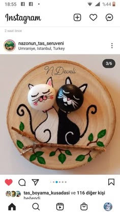 two black and white cats sitting on top of a wooden plate next to each other