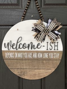 a welcome sign hanging on a door with the words,'welcome - ish defends who you are and how long you stay '