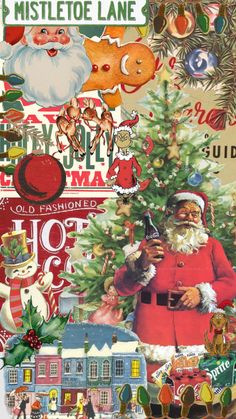 a collage of santa claus and other christmas related items