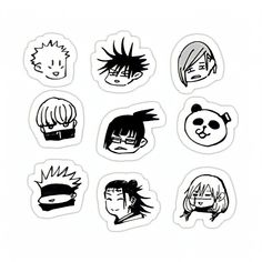 six stickers with different avatars and hair styles in black and white on a white background