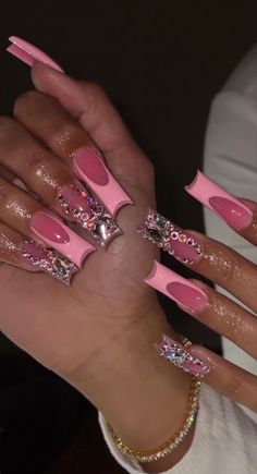 Pink N Black Nails, Black Nails Design, Nails With Gems, Acrylic Toes, Glow Nails