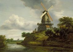 a painting of a windmill on a hill by a river with trees and birds flying over it