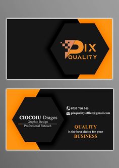 two business cards with the words dix quality in gold, black and orange colors