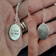 two pictures of the same fingerprint on a necklace that says i love you dear