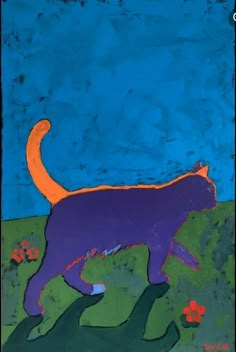 a painting of a cat walking across a field