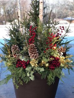 a potted plant with pine cones, berries and greenery in it on the ground