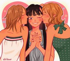 three girls are hugging each other and smiling