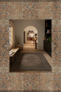 an archway leads into a living room and dining area with rugs on the floor