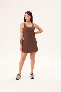 Earth Tommy Dress — Girlfriend Collective Brown Fitted Mini Dress With Square Neck, Fitted Brown Mini Dress With Square Neck, Stretch Sundress For Date Night, Casual Stretch Dress With Square Neck, Casual Square Neck Stretch Dress, Fitted Brown A-line Sleeveless Dress, Brown Fitted Square Neck Dress, Chic Brown Dress With Square Neckline, Brown Square Neck Dress For Date Night