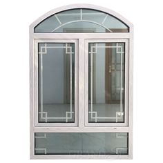 an arched window with glass panels on the outside and inside, against a white background