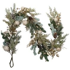 two christmas wreaths with pine cones and white balls hanging from the top of them