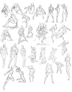 a bunch of sketches of people doing different poses