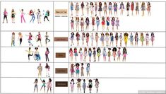 several different types of barbie dolls are shown in this chart with the names and colors