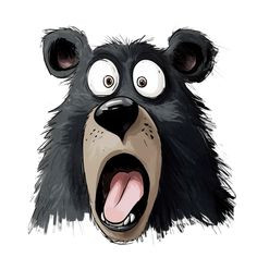 a black bear with its mouth open and eyes wide open, making a funny face