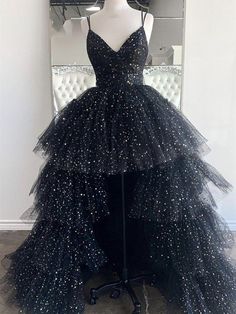 High Low V Neck Black Tulle Long Prom Dresses, High Low Black Formal E – Shiny Party Prom Dress High Low, Black Tulle Prom Dress, High Low Evening Dresses, High Low Prom Dress, High Low Prom Dresses, Black Prom Dress, Black Prom, Custom Size Dresses, A Line Prom Dresses