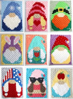 six squares with different pictures of people wearing hats and sunglasses on them, all made out of crochet