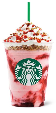 a red drink with whipped cream and sprinkles on it's top