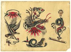 an old school tattoo flash sheet with birds, snakes, and other tattoos on it