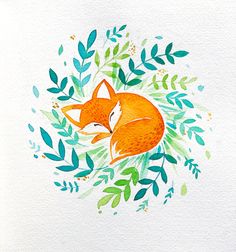 a watercolor painting of a sleeping fox surrounded by green leaves and branches on white paper