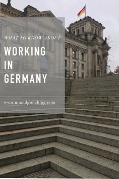 stairs leading up to a building with the words working in germany overlaying it