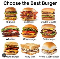 different types of burgers that are labeled in the following words, which one do you prefer to eat?