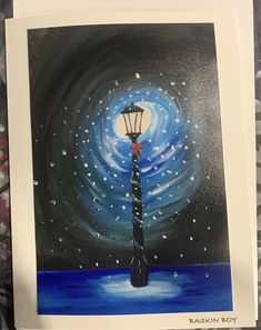 a painting of a lamp post in the middle of night with stars and snow falling down on it