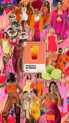 a collage of women in orange and pink dresses with cocktails on the side