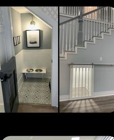 this is an image of the inside of a house with stairs and dog bowls in it