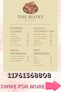 the menu for the bakery is shown in pink and white