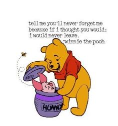 a winnie the pooh bear holding a baby in a basket with an inscription on it