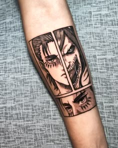 a person with a tattoo on their arm that has an image of two faces and one eye