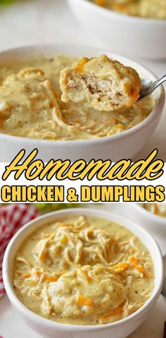 two bowls of homemade chicken and dumplings soup