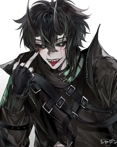 a male anime character with black hair and horns on his head, wearing an outfit