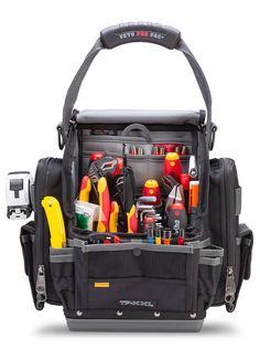 an open tool bag filled with tools on a white backgrounghe background