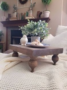 a coffee table with a potted plant on it