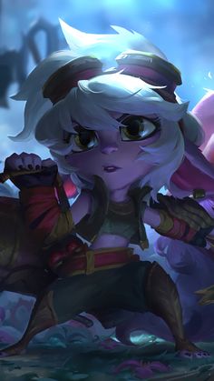 an image of a female character from league of lol, with white hair and blue eyes