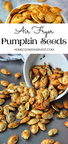 pumpkin seeds in a white bowl with text overlay