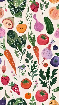 spring vegetable harvest phone background pattern 2024freedigitalplanner #householdbudgetplanner #ultimatestudentplanner Vegetable Garden Wallpaper, Vegetable Pattern Design, Illustrated Wallpaper Iphone, Vegetable Pattern Illustration, Vegan Wallpaper Aesthetic, Vegetable Background Wallpapers, Vegetables Graphic Design, Food Illustration Wallpaper, Vegan Aesthetic Wallpaper