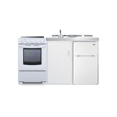 a white stove top oven sitting next to a refrigerator freezer under a faucet