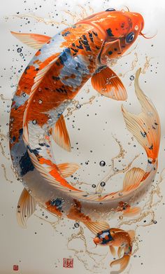 two orange and white koi fish swimming in water with bubbles on the bottom side