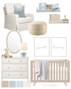 a baby's nursery room with white furniture and blue accents