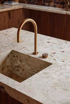 a marble sink with a brass faucet in the middle and wood cabinets behind it